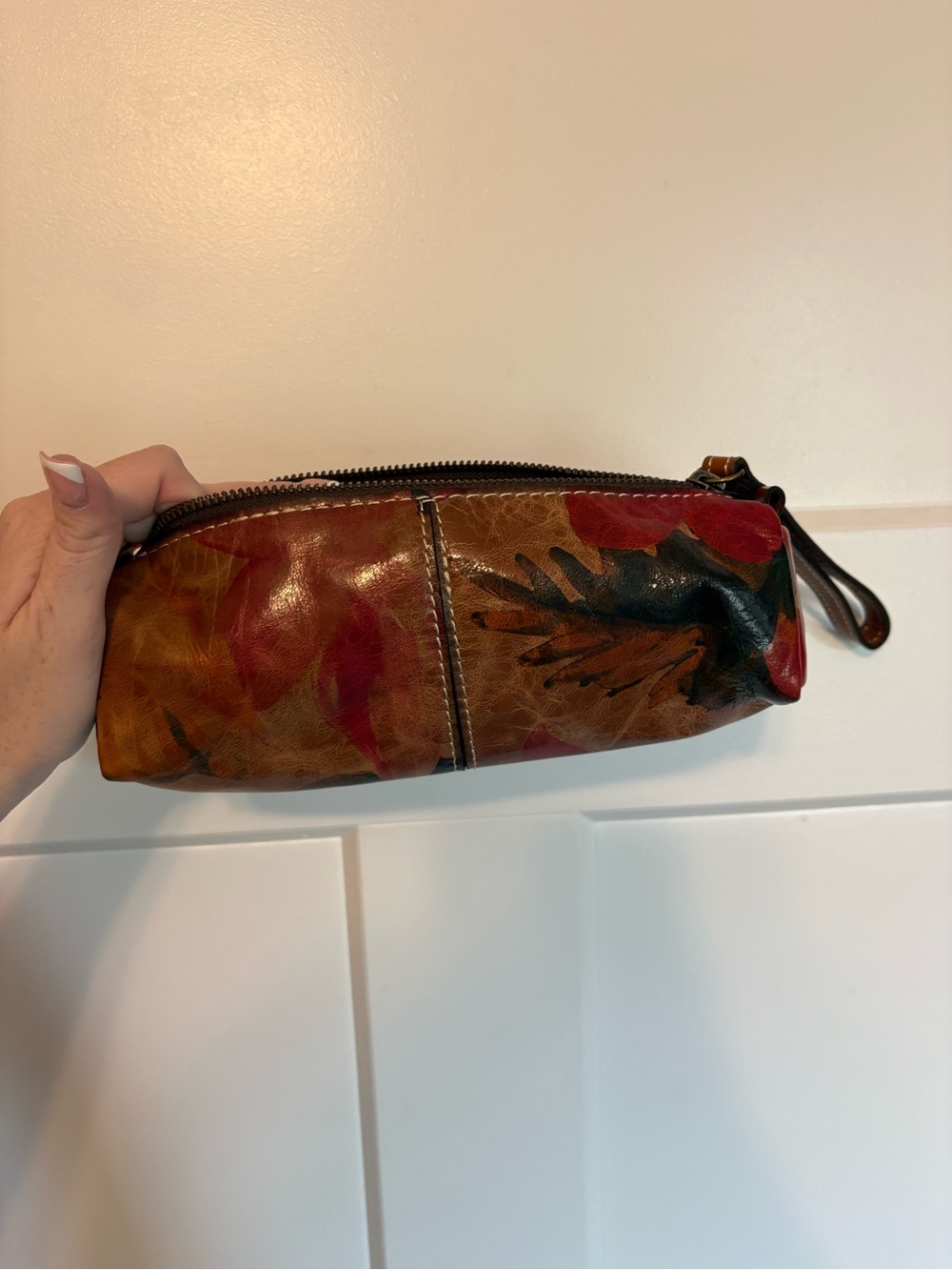Patricia Nash Brown Floral Leather Wristlet Pouch with Red and Black Accents